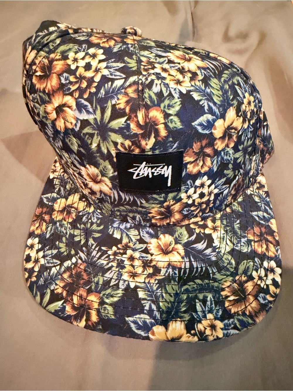 Stussy Floral Snapback Hat - Navy with Yellow & Green Print